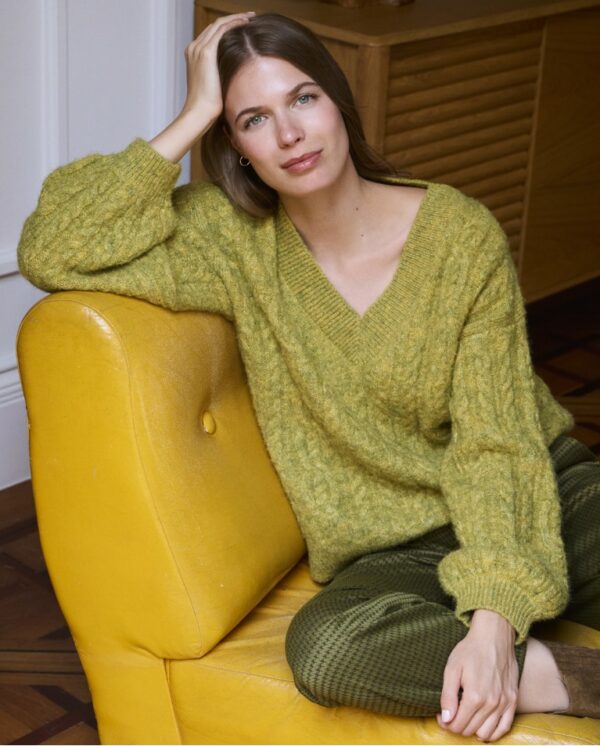 Pull à grosses mailles avec texture aranaise Kaki foncé surkana ann'c tarbes