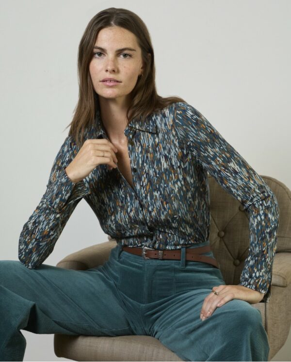 Chemise à manches longues extensible et fluide Bleu pétrole